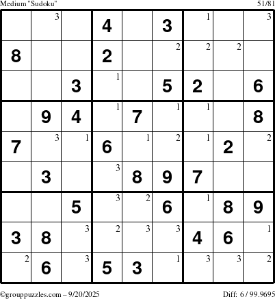 The grouppuzzles.com Medium Sudoku puzzle for Saturday September 20, 2025 with the first 3 steps marked