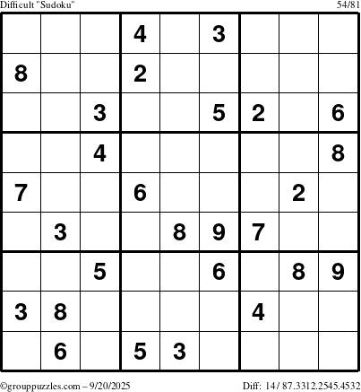 The grouppuzzles.com Difficult Sudoku puzzle for Saturday September 20, 2025