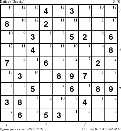 The grouppuzzles.com Difficult Sudoku puzzle for Saturday September 20, 2025 with all 14 steps marked