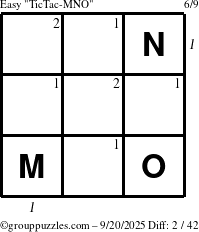 The grouppuzzles.com Easy TicTac-MNO puzzle for Saturday September 20, 2025 with all 2 steps marked