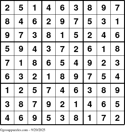 The grouppuzzles.com Answer grid for the Sudoku puzzle for Saturday September 20, 2025