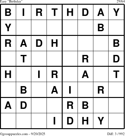 The grouppuzzles.com Easy Birthday puzzle for Saturday September 20, 2025