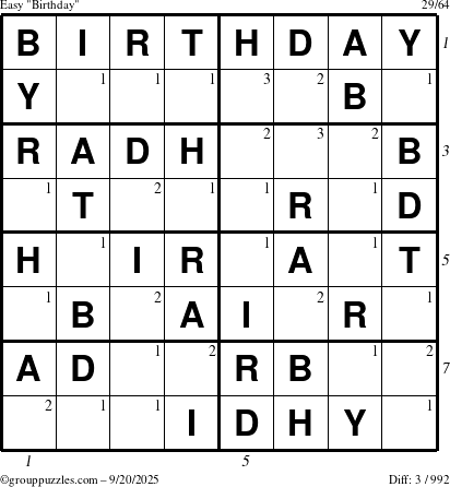 The grouppuzzles.com Easy Birthday puzzle for Saturday September 20, 2025 with all 3 steps marked