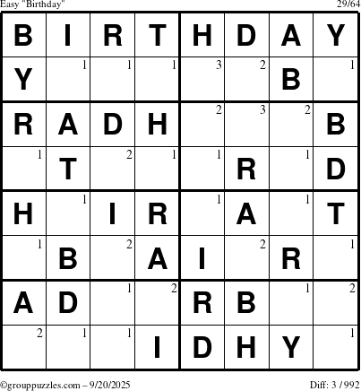 The grouppuzzles.com Easy Birthday puzzle for Saturday September 20, 2025 with the first 3 steps marked