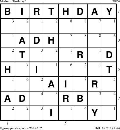 The grouppuzzles.com Medium Birthday puzzle for Saturday September 20, 2025 with all 8 steps marked