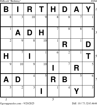 The grouppuzzles.com Difficult Birthday puzzle for Saturday September 20, 2025 with all 10 steps marked