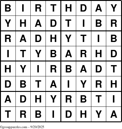 The grouppuzzles.com Answer grid for the Birthday puzzle for Saturday September 20, 2025