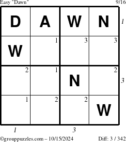 The grouppuzzles.com Easy Dawn puzzle for Tuesday October 15, 2024 with all 3 steps marked