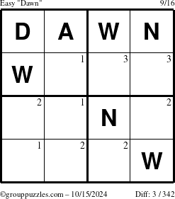 The grouppuzzles.com Easy Dawn puzzle for Tuesday October 15, 2024 with the first 3 steps marked