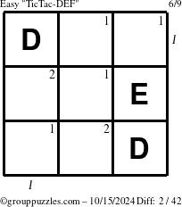 The grouppuzzles.com Easy TicTac-DEF puzzle for Tuesday October 15, 2024 with all 2 steps marked