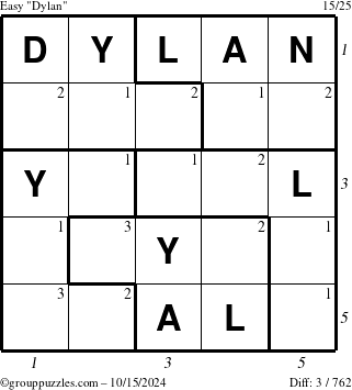 The grouppuzzles.com Easy Dylan puzzle for Tuesday October 15, 2024 with all 3 steps marked