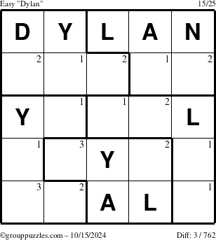 The grouppuzzles.com Easy Dylan puzzle for Tuesday October 15, 2024 with the first 3 steps marked