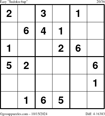 The grouppuzzles.com Easy Sudoku-6up puzzle for Tuesday October 15, 2024