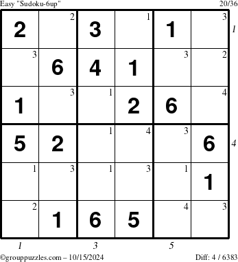 The grouppuzzles.com Easy Sudoku-6up puzzle for Tuesday October 15, 2024 with all 4 steps marked