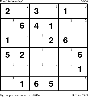 The grouppuzzles.com Easy Sudoku-6up puzzle for Tuesday October 15, 2024 with the first 3 steps marked