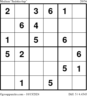 The grouppuzzles.com Medium Sudoku-6up puzzle for Tuesday October 15, 2024