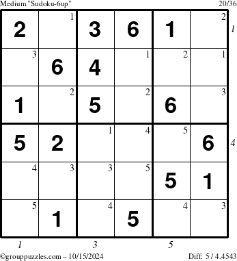 The grouppuzzles.com Medium Sudoku-6up puzzle for Tuesday October 15, 2024 with all 5 steps marked