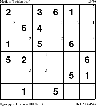 The grouppuzzles.com Medium Sudoku-6up puzzle for Tuesday October 15, 2024 with the first 3 steps marked