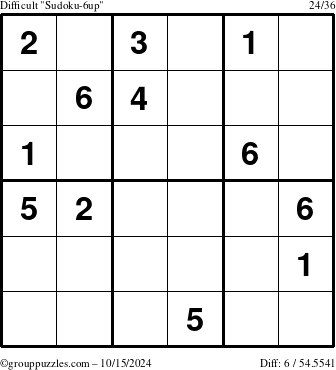 The grouppuzzles.com Difficult Sudoku-6up puzzle for Tuesday October 15, 2024