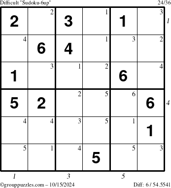 The grouppuzzles.com Difficult Sudoku-6up puzzle for Tuesday October 15, 2024 with all 6 steps marked