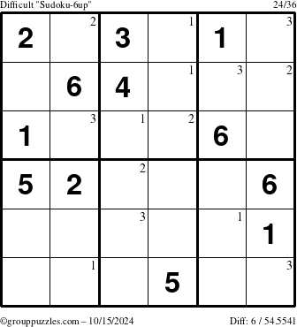 The grouppuzzles.com Difficult Sudoku-6up puzzle for Tuesday October 15, 2024 with the first 3 steps marked