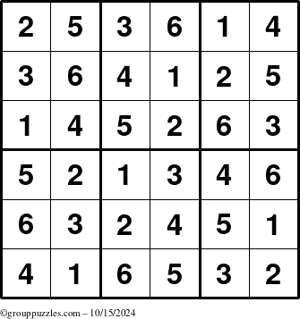 The grouppuzzles.com Answer grid for the Sudoku-6up puzzle for Tuesday October 15, 2024