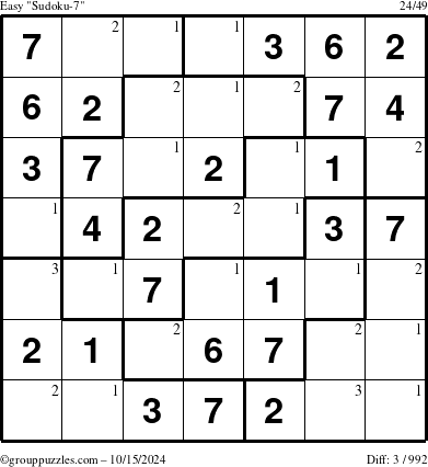 The grouppuzzles.com Easy Sudoku-7 puzzle for Tuesday October 15, 2024 with the first 3 steps marked