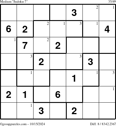 The grouppuzzles.com Medium Sudoku-7 puzzle for Tuesday October 15, 2024 with the first 3 steps marked