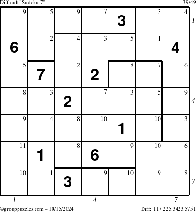 The grouppuzzles.com Difficult Sudoku-7 puzzle for Tuesday October 15, 2024 with all 11 steps marked