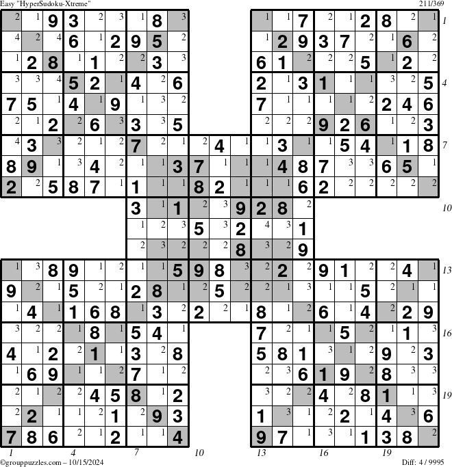 The grouppuzzles.com Easy HyperSudoku-Xtreme puzzle for Tuesday October 15, 2024 with all 4 steps marked