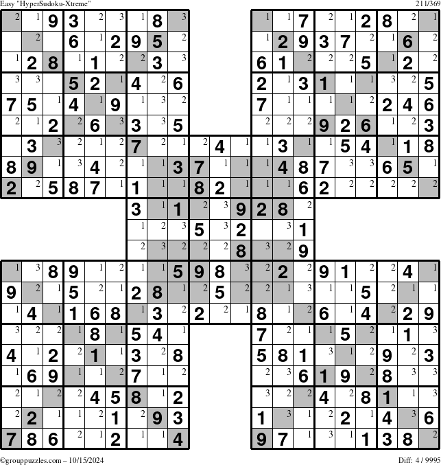 The grouppuzzles.com Easy HyperSudoku-Xtreme puzzle for Tuesday October 15, 2024 with the first 3 steps marked