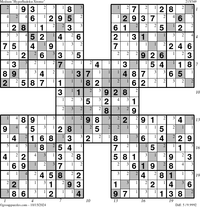 The grouppuzzles.com Medium HyperSudoku-Xtreme puzzle for Tuesday October 15, 2024 with all 5 steps marked