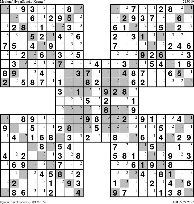 The grouppuzzles.com Medium HyperSudoku-Xtreme puzzle for Tuesday October 15, 2024 with the first 3 steps marked