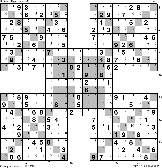 The grouppuzzles.com Difficult HyperSudoku-Xtreme puzzle for Tuesday October 15, 2024 with all 10 steps marked