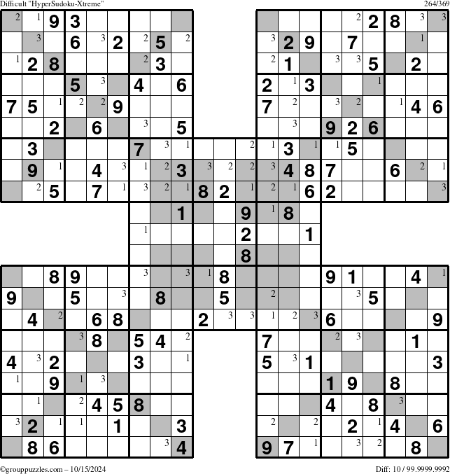 The grouppuzzles.com Difficult HyperSudoku-Xtreme puzzle for Tuesday October 15, 2024 with the first 3 steps marked