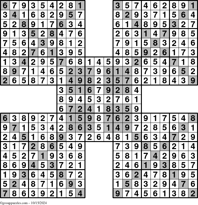 The grouppuzzles.com Answer grid for the HyperSudoku-Xtreme puzzle for Tuesday October 15, 2024