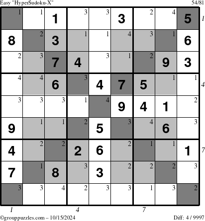 The grouppuzzles.com Easy HyperSudoku-X puzzle for Tuesday October 15, 2024, suitable for printing, with all 4 steps marked