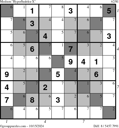 The grouppuzzles.com Medium HyperSudoku-X puzzle for Tuesday October 15, 2024 with all 8 steps marked