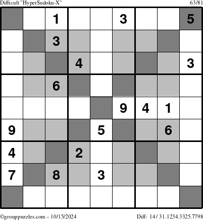 The grouppuzzles.com Difficult HyperSudoku-X puzzle for Tuesday October 15, 2024