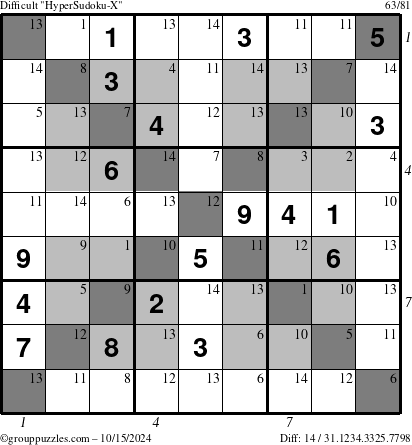 The grouppuzzles.com Difficult HyperSudoku-X puzzle for Tuesday October 15, 2024, suitable for printing, with all 14 steps marked