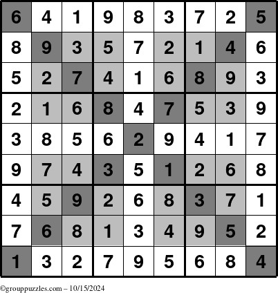 The grouppuzzles.com Answer grid for the HyperSudoku-X puzzle for Tuesday October 15, 2024