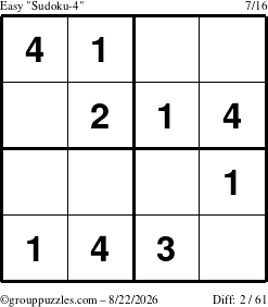 The grouppuzzles.com Easy Sudoku-4 puzzle for Saturday August 22, 2026