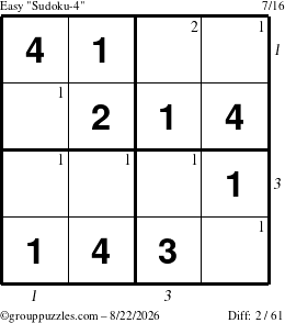 The grouppuzzles.com Easy Sudoku-4 puzzle for Saturday August 22, 2026 with all 2 steps marked