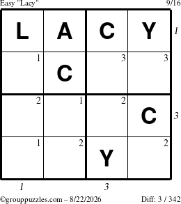 The grouppuzzles.com Easy Lacy puzzle for Saturday August 22, 2026 with all 3 steps marked
