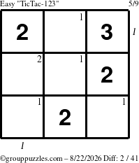 The grouppuzzles.com Easy TicTac-123 puzzle for Saturday August 22, 2026 with all 2 steps marked