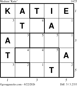 The grouppuzzles.com Medium Katie puzzle for Saturday August 22, 2026, suitable for printing, with all 5 steps marked