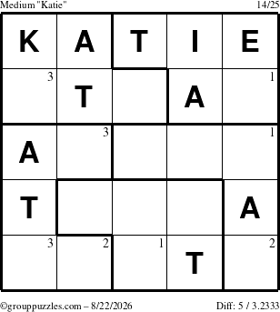 The grouppuzzles.com Medium Katie puzzle for Saturday August 22, 2026 with the first 3 steps marked