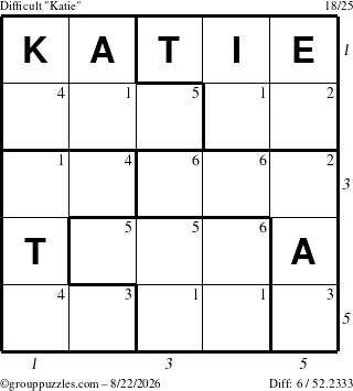 The grouppuzzles.com Difficult Katie puzzle for Saturday August 22, 2026 with all 6 steps marked
