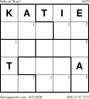The grouppuzzles.com Difficult Katie puzzle for Saturday August 22, 2026 with the first 3 steps marked