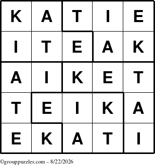 The grouppuzzles.com Answer grid for the Katie puzzle for Saturday August 22, 2026